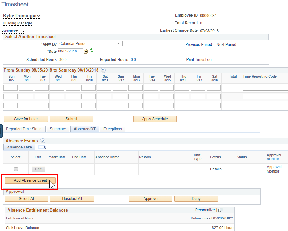 Screenshot of the employees timesheet with Add Absence Event button highlighted