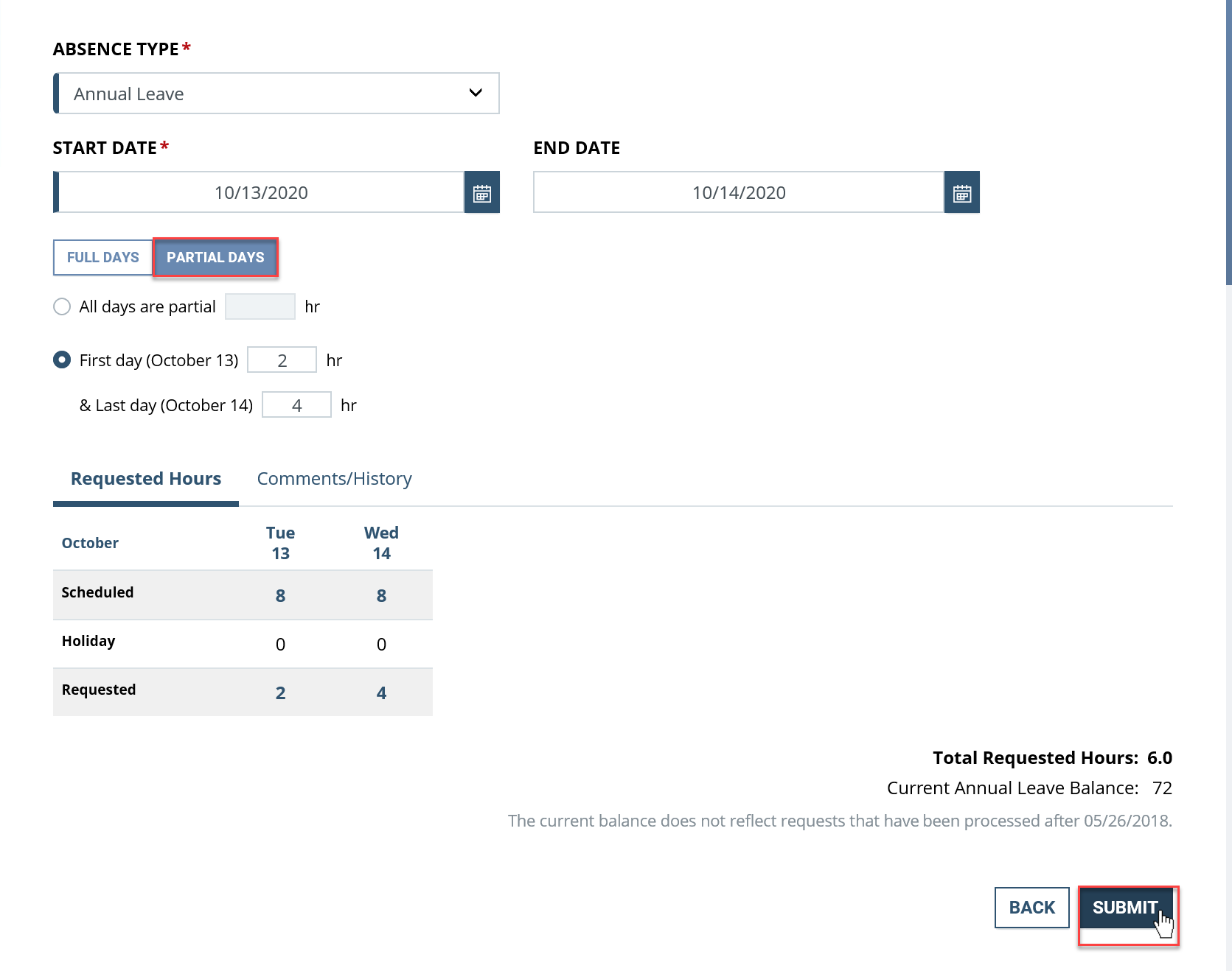 Screenshot of the Absence Type dialog box with Partial Days highlighted