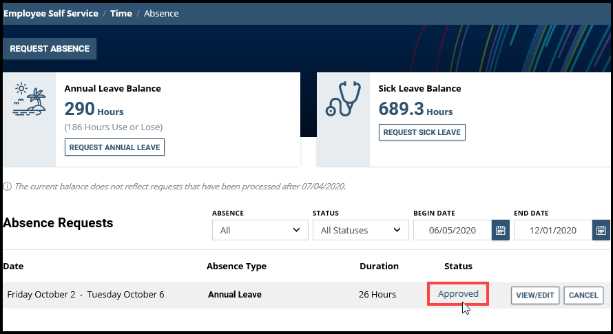 Screenshot of the Requests Absence dialog box with Approved highlighted
