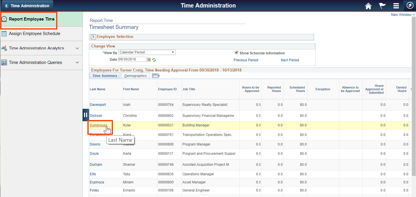 Screenshot of the Report Employee Time tab with the employee button highlighted