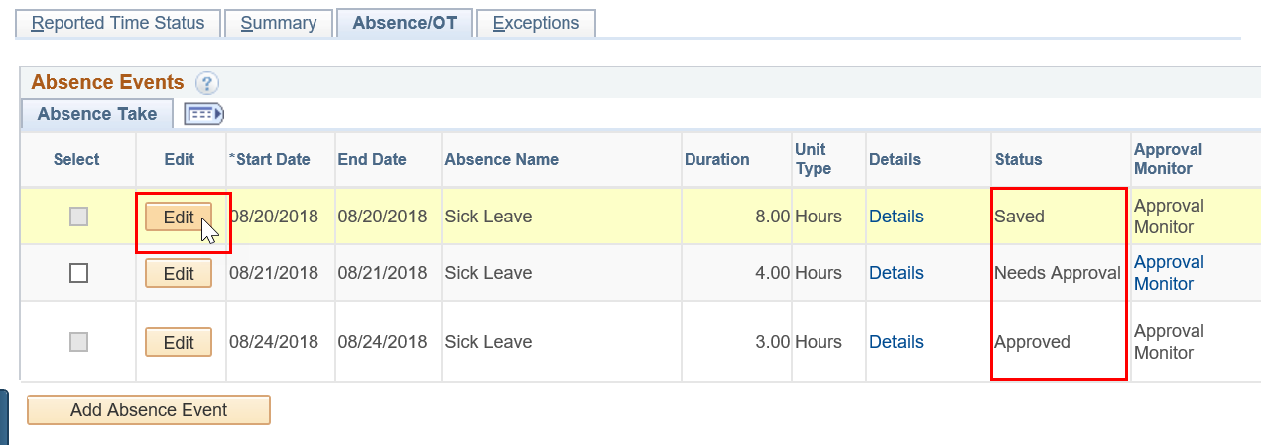 Screenshot of the absence events with edit and status highlighted