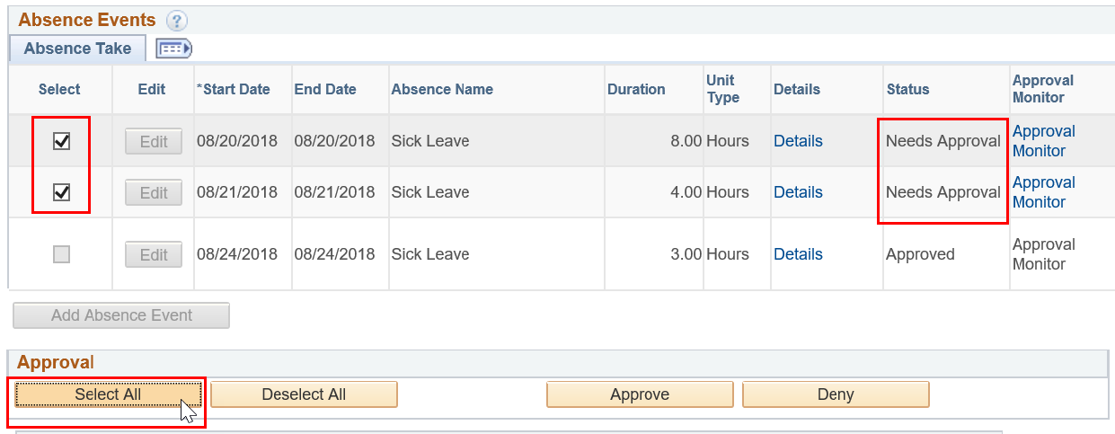 Screenshot of the absence events with select all and status highlighted
