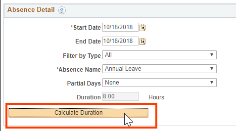 Screenshot of the absence details with Calculate Duration highlighted