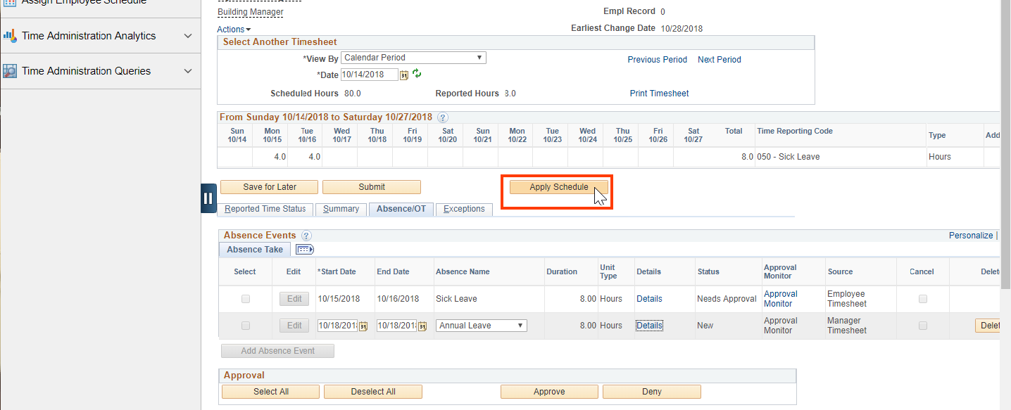 Screenshot of the employees page with Apply Schedule button highlighted