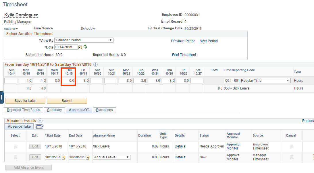 Screenshot of the employees page with date highlighted