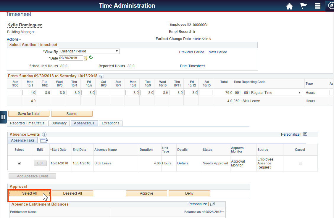 Screenshot of the Report Employee Time tab with Select All button highlighted