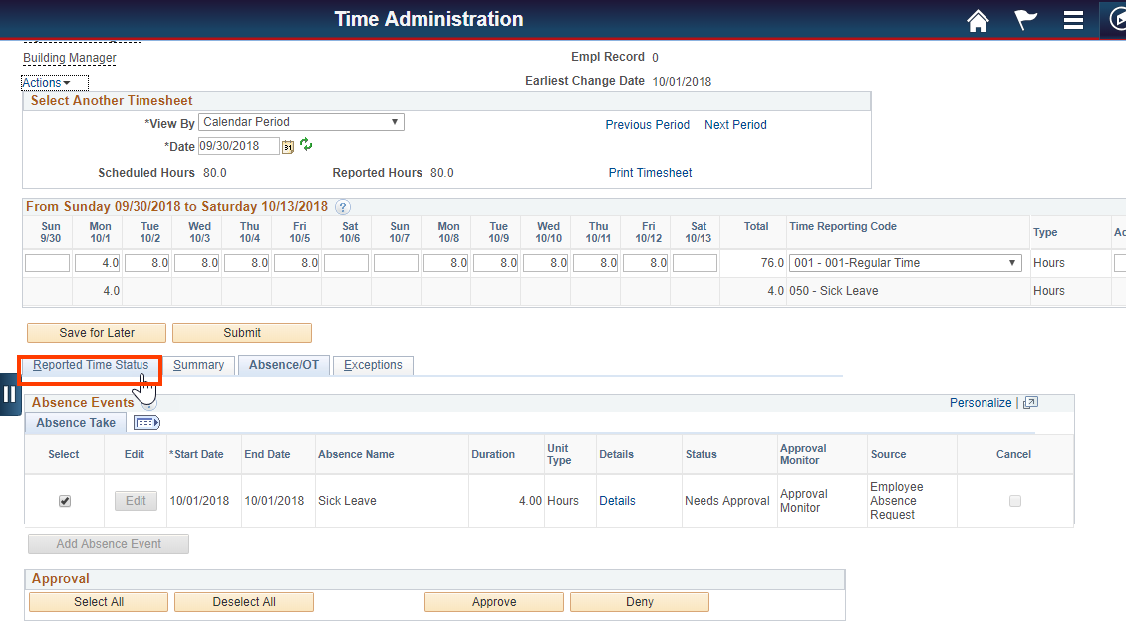 Screenshot of the Report Employee Time tab with Reported Time Status highlighted
