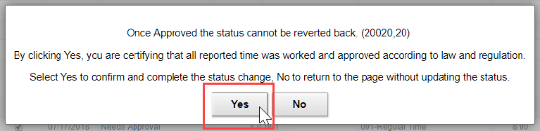 Screenshot of the attestation message with the Yes button highlighted