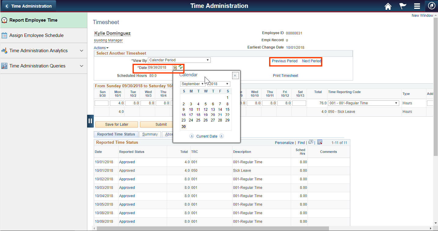 Screenshot of the Report Employee Time tab with Previous Period and Date field highlighted
