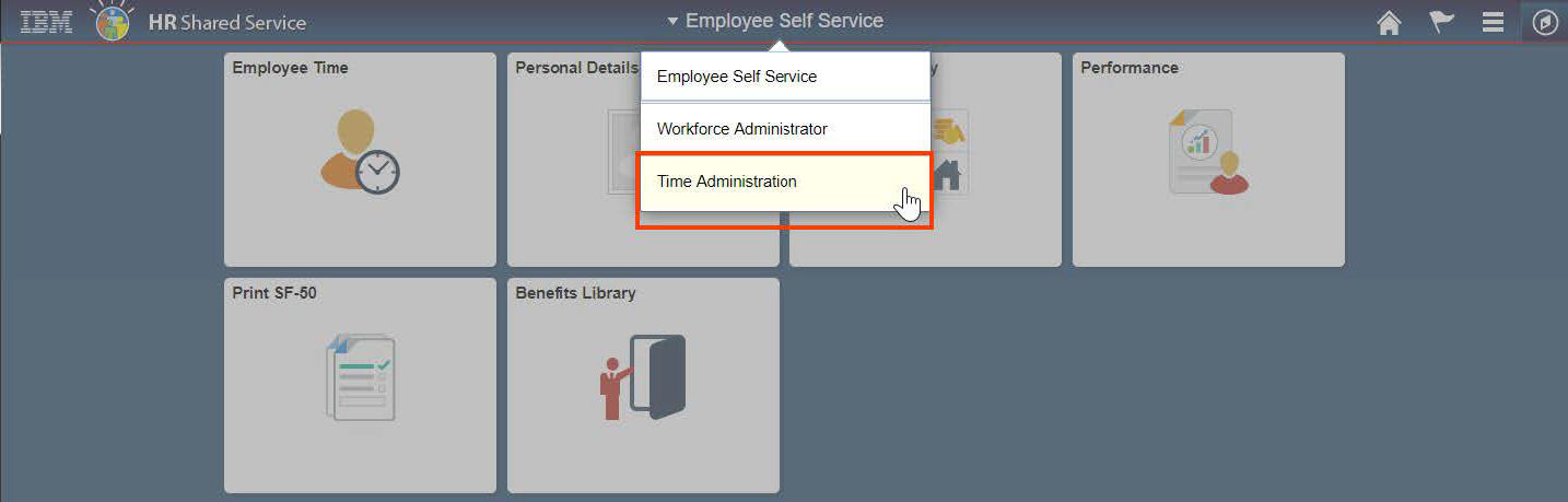 Screenshot of the Employee Self Service home page with the Time Administration highlighted