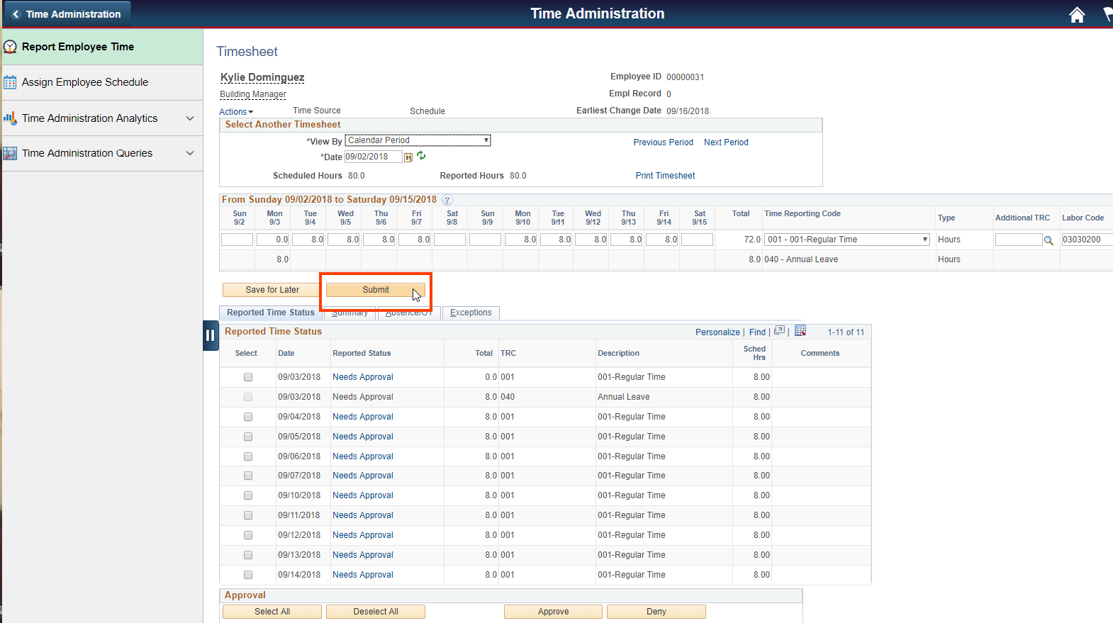 Screenshot of the Report Employee Time tab with the submit button highlighted