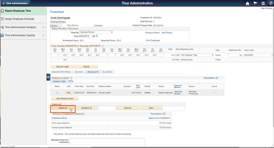 Screenshot of the Report Employee Time tab with the Select All button highlighted