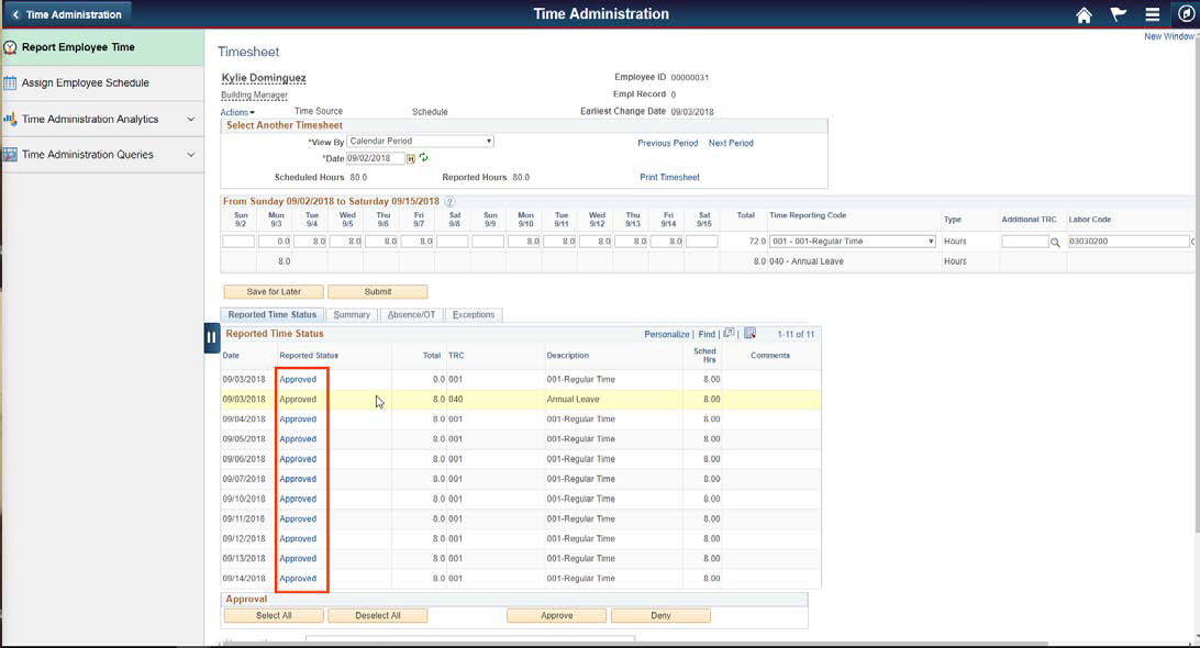 Screenshot of the time administration message with the approved buttons highlighted