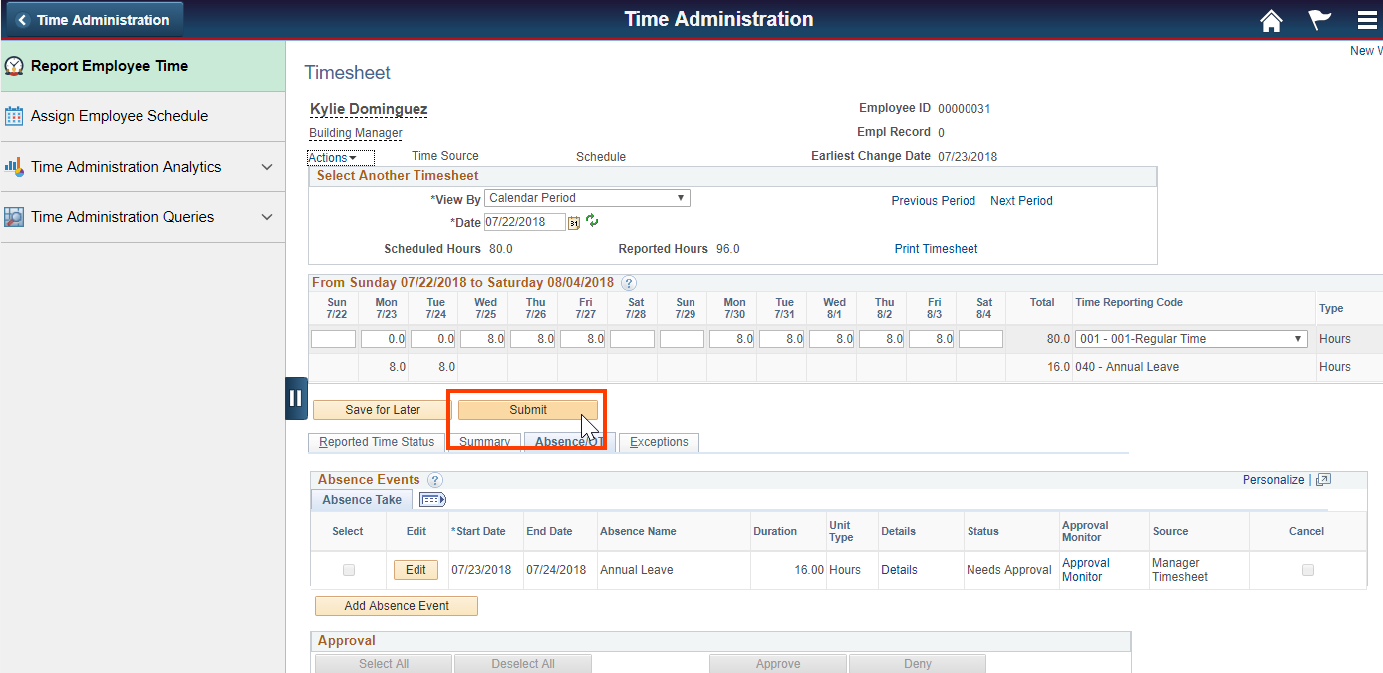 Screenshot of the base schedule with submit buttons highlighted
