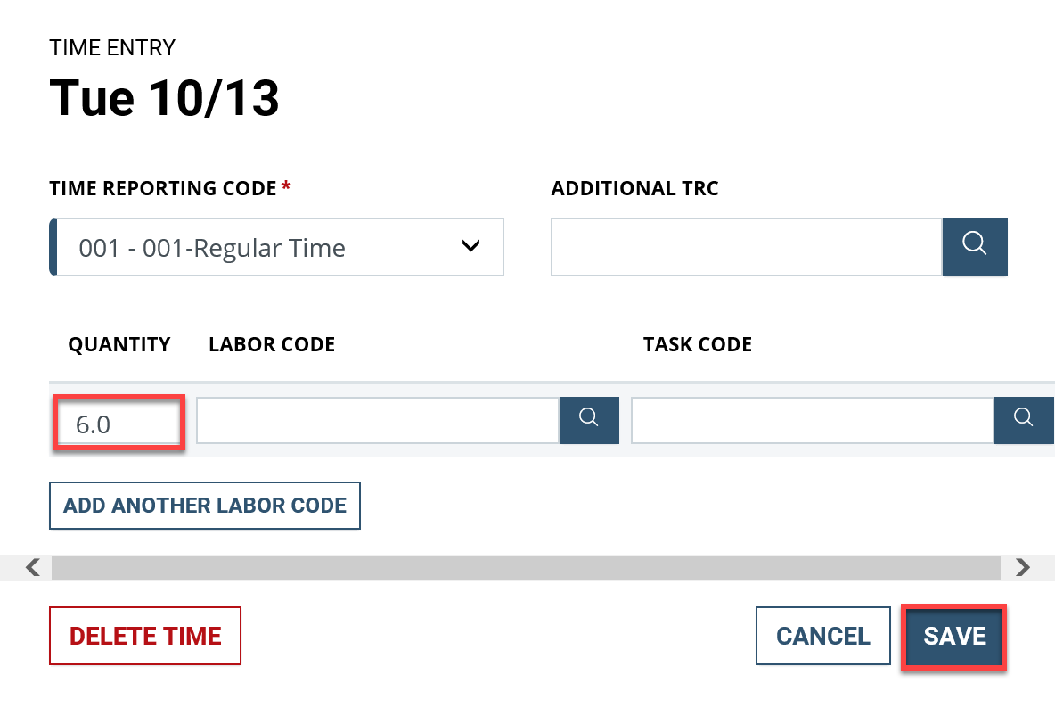 Screenshot of the time entry dialog box with quantity and save highlighted
