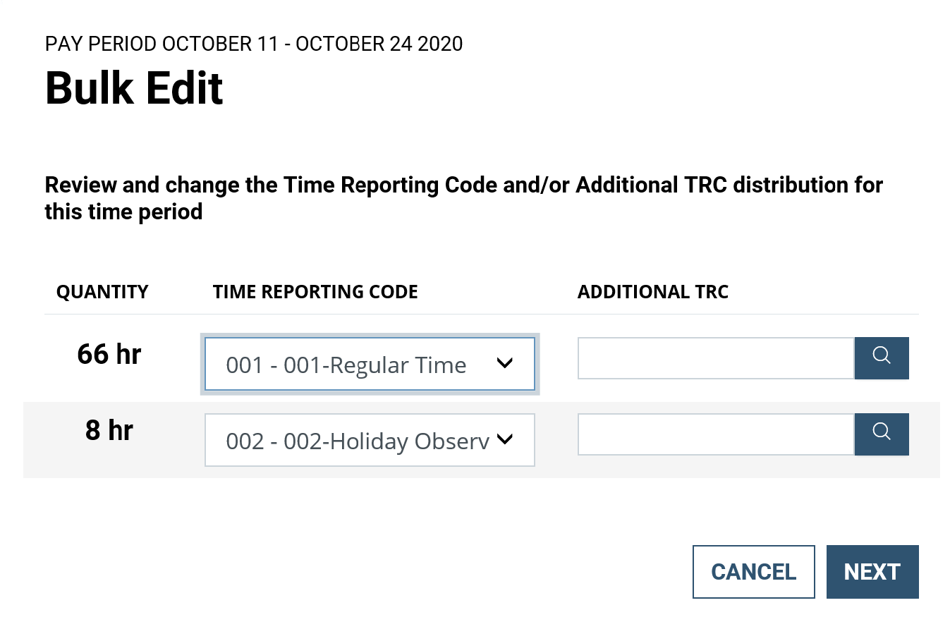 Screenshot of the Bulk Edit popup with Time Reporting Codes highlighted