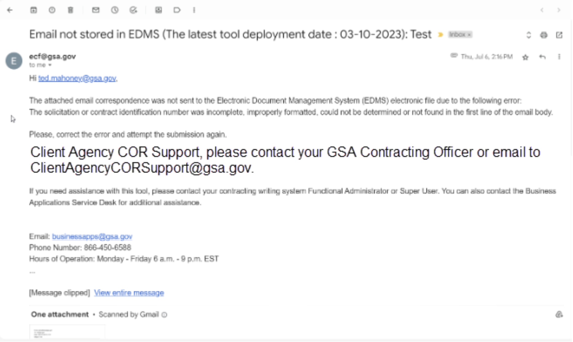 Screenshot showing email message with heading Email not stored in EDMS