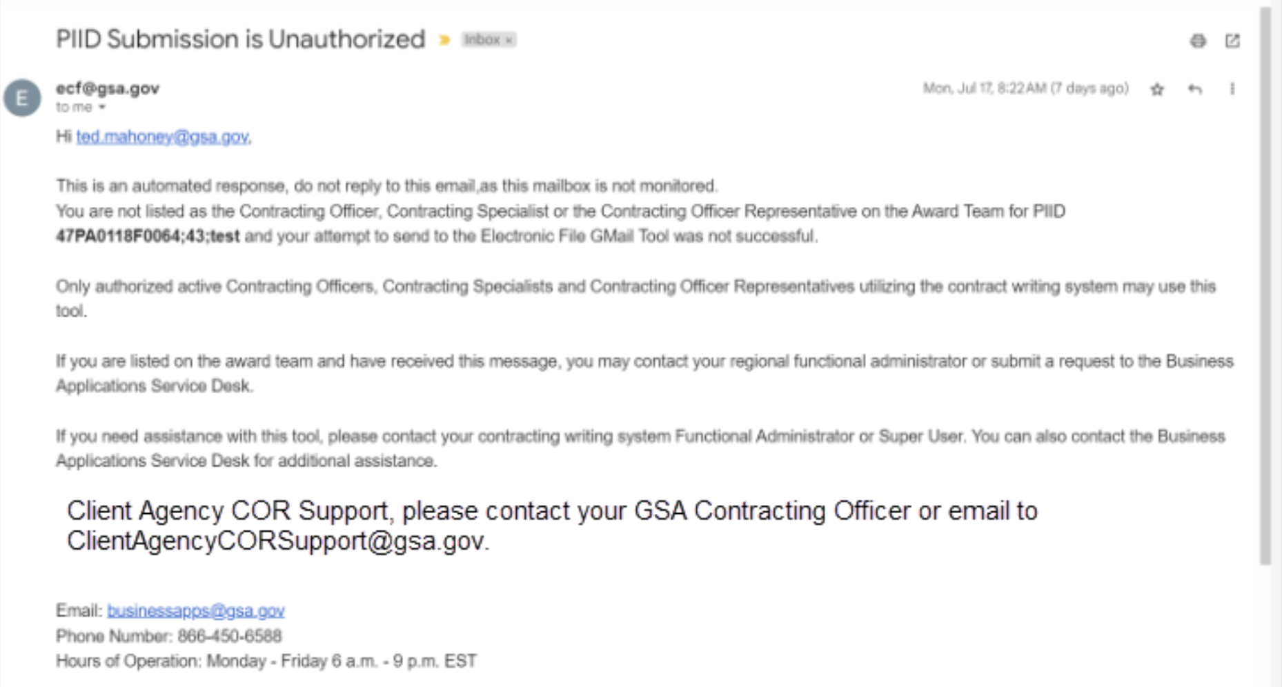 Screenshot showing email message with heading PIID submission is unauthorized