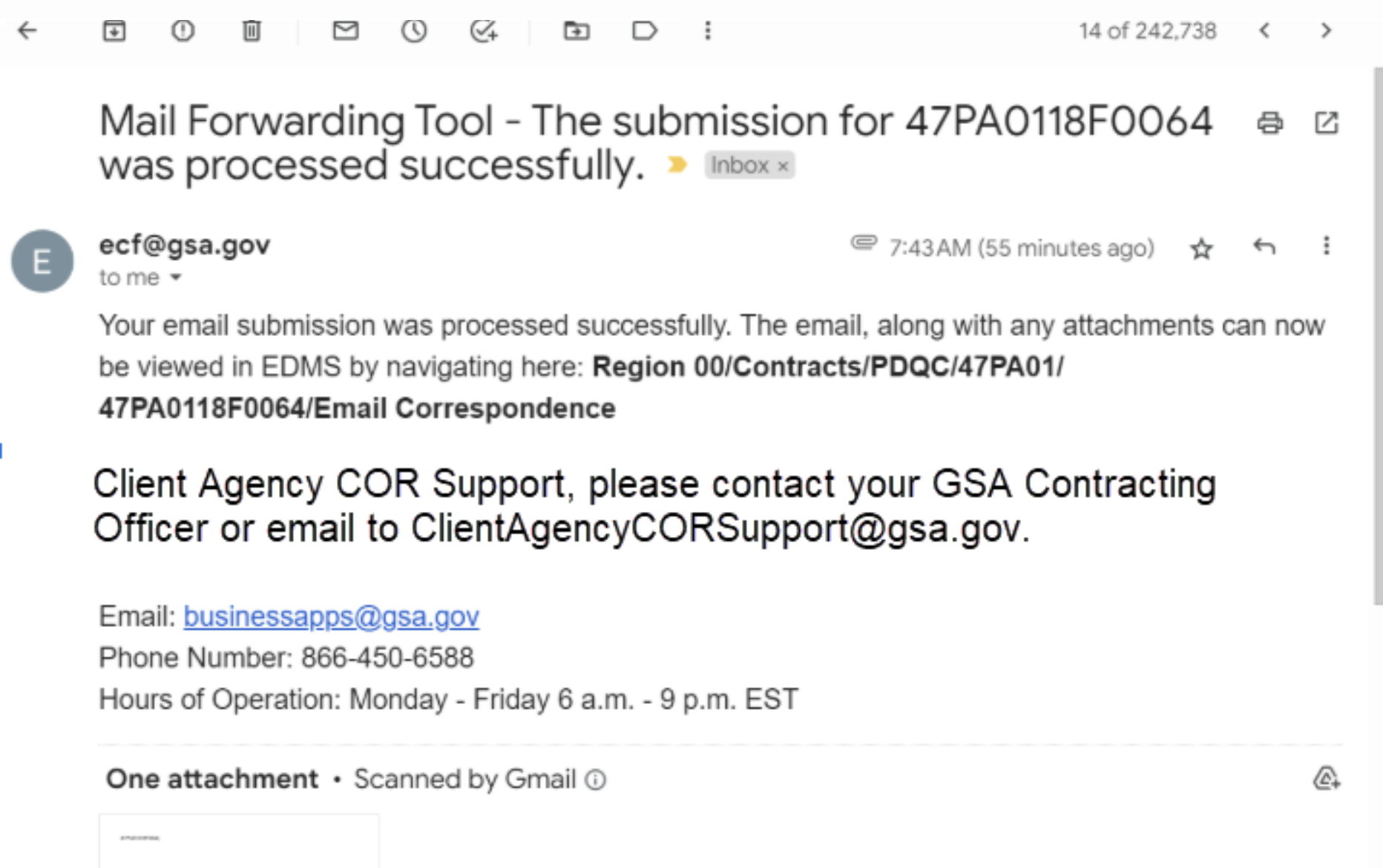 Screenshot showing email message with heading Mail Forwarding Tool - The submission was processed successfully