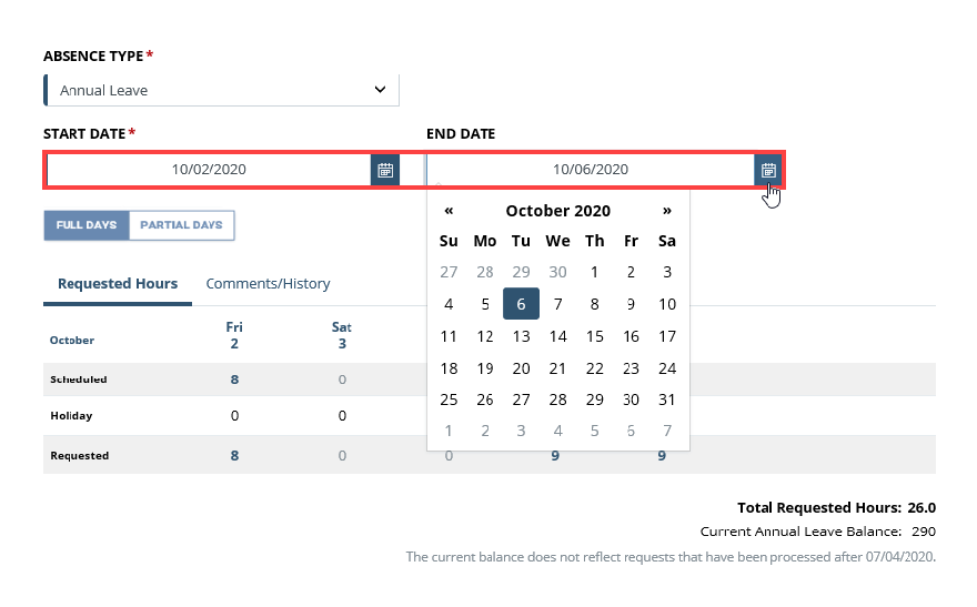 Screenshot of the Absence Type screen with Start and End Date highlighted