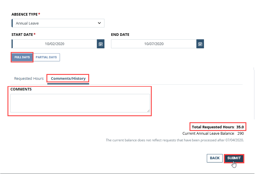 Screenshot of the Absence Type screen with Full days, Comment/History and Total Requested Hours highlighted