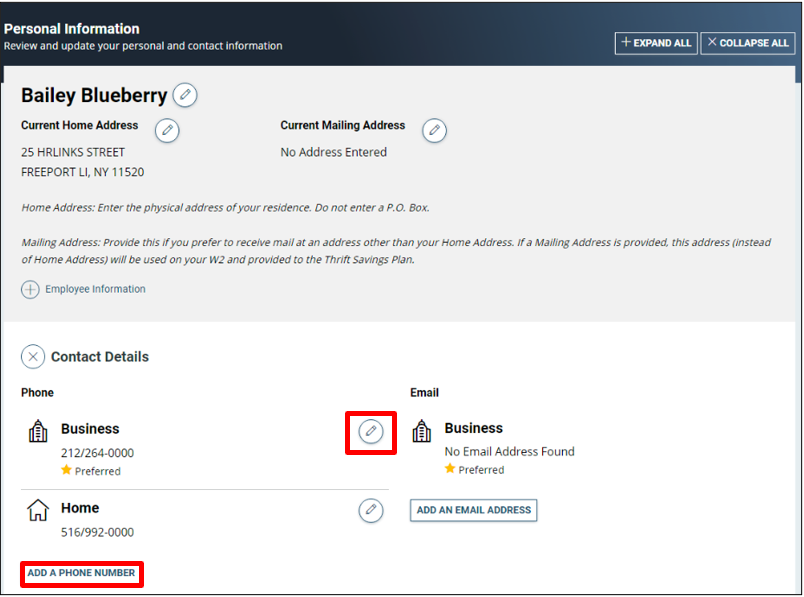 Personal information screen with pencil icon and add a phone number highlighted