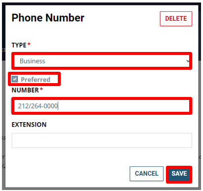 Phone number screen with type field, number field, and preferred checkbox highlighted