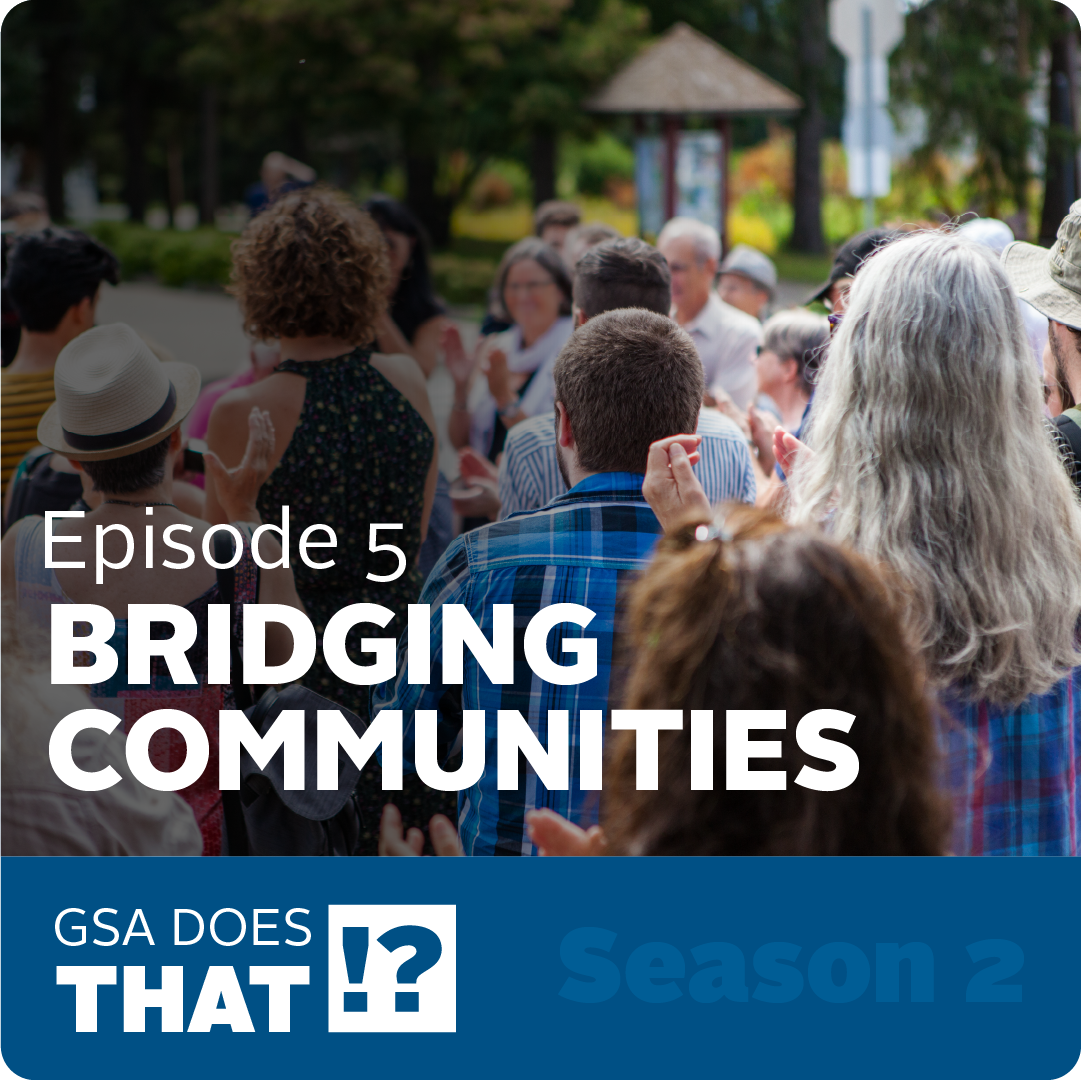 Blue Square that says Episode 5 - Bridging Communities