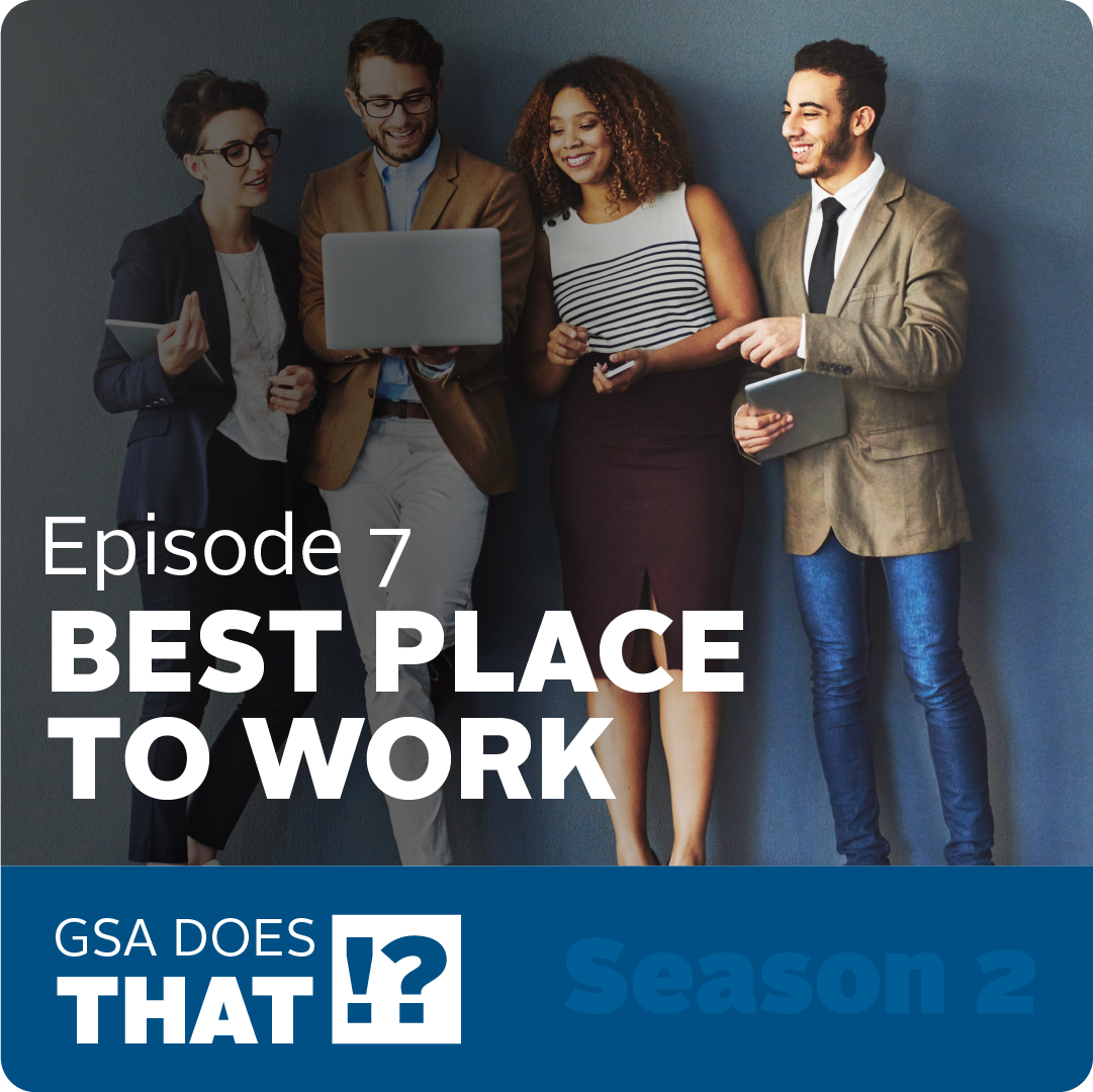 Blue Square that says Episode 7 - Best Place to Work