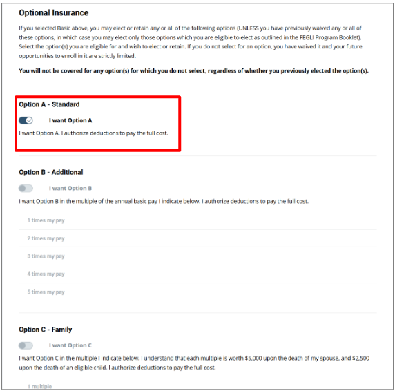 Screenshot of FEGLI self service page with option A highlighted