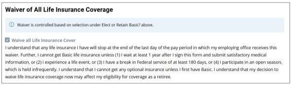 Screenshot of FEGLI self service page with Waiver of All Life Insurance Coverage highlighted