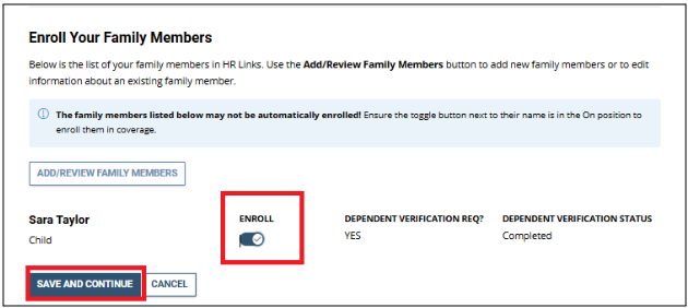Screenshot of the enroll your family members screen with enroll and save buttons highlighted