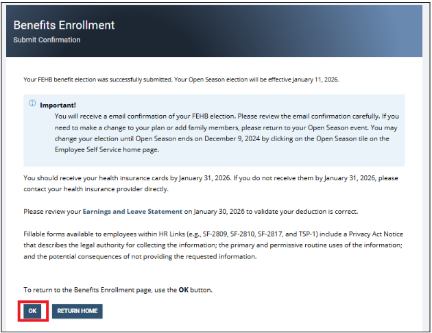 Screenshot of the Submit Your Elections screen with ok button highlighted