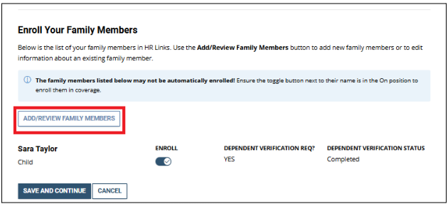 Screenshot of the enroll your family members screen with add/review button highlighted