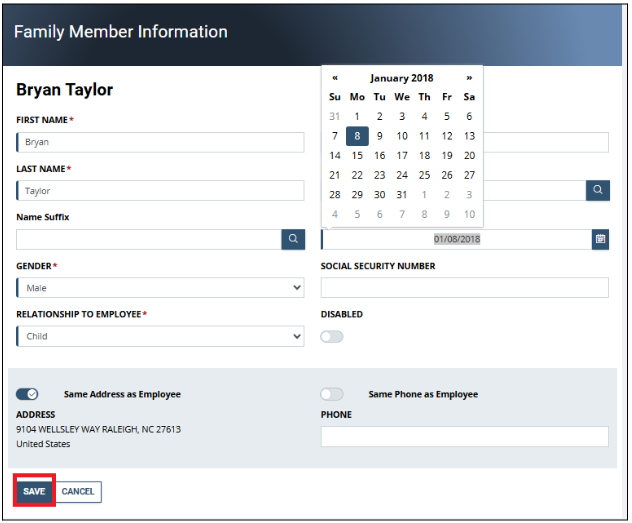 Screenshot of the family member Information screen with save highlighted