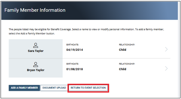 Screenshot of the family member Information screen with Return to Event highlighted