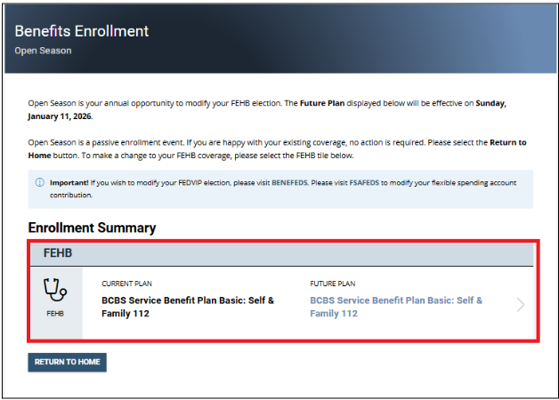 Screenshot of the benefits enrollment screen with FEHB highlighted