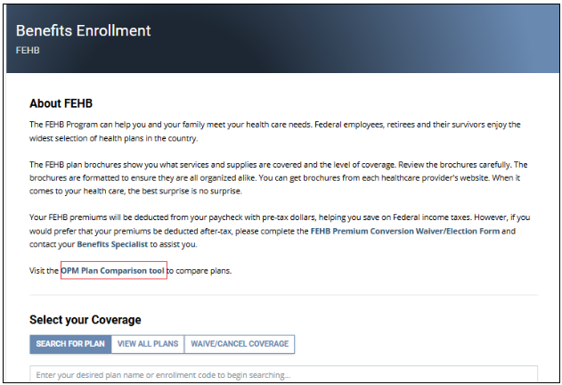 Screenshot of the benefits enrollment FEHB screen with OPM Plan Comparison tool highlighted