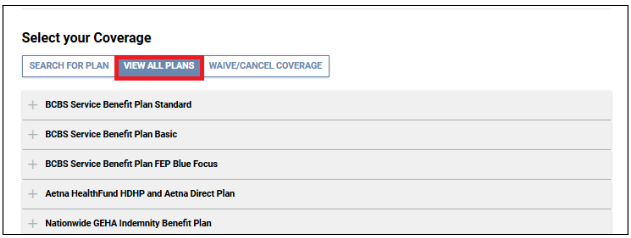 Screenshot of the select your coverage screen with view all plans highlighted