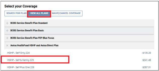 Screenshot of the select your coverage screen with view all plans and HDHP self and family 225 highlighted