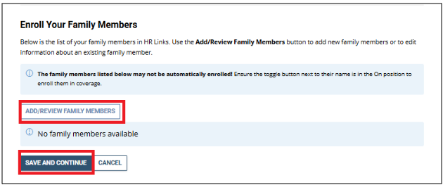 Screenshot of the enroll your family members screen with add and save buttons highlighted