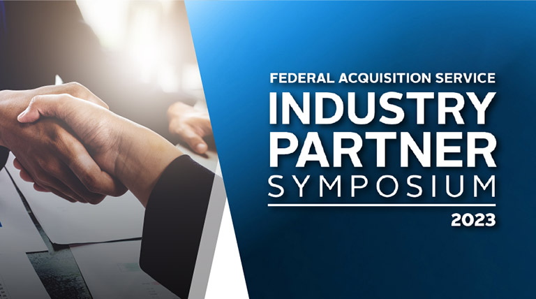 Stock image of a handshake on the left with white text on a blue background that reads: Federal Acquisition Service Industry Partner Symposium 2023