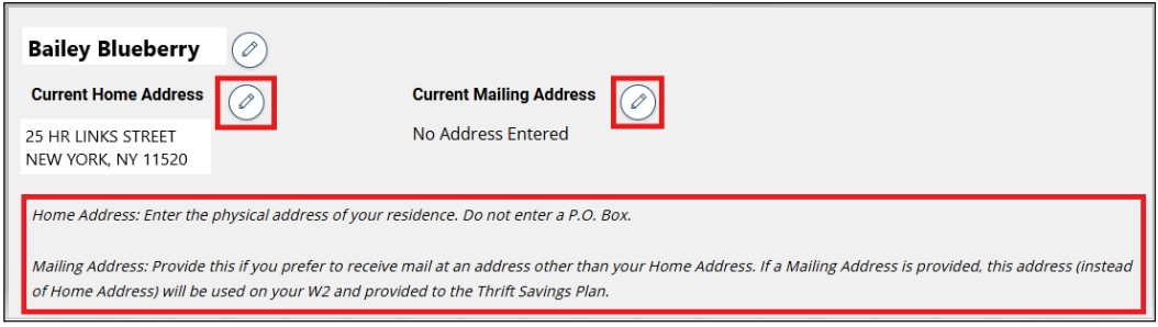 Screenshot of the View/Update Personal Info page with the pencil icon and address highlighted