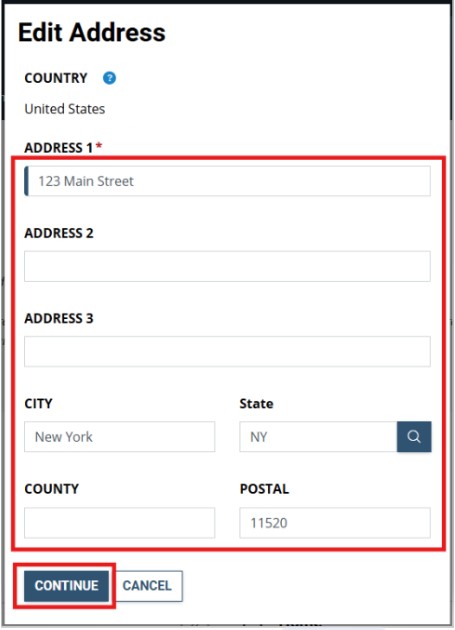 Screenshot of the Edit Address page with the new address and continue button highlighted