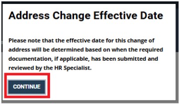 Screenshot of the effective date page with the continue button highlighted
