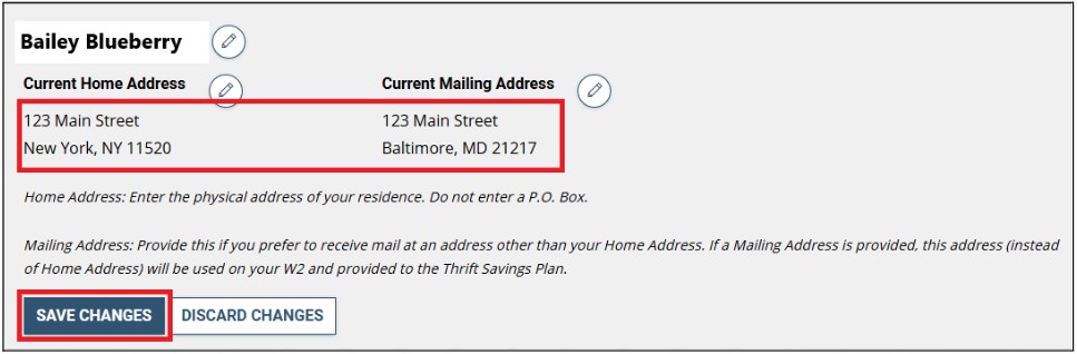 Screenshot of the View/Update Personal Info page with the new address and Save Changes button highlighted