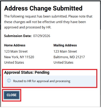 Screenshot of dialog box with Approval Status is Pending and close button highlighted