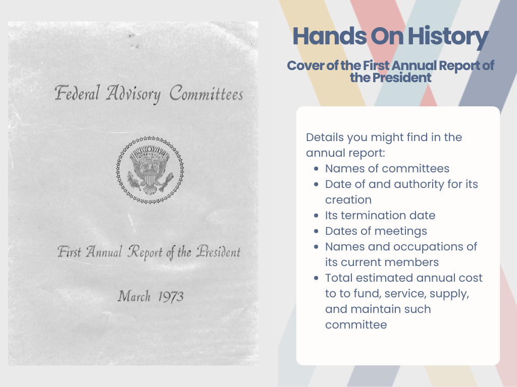 Graphic titled Hands On History, Cover of the First Annual Report of the President, with the text 