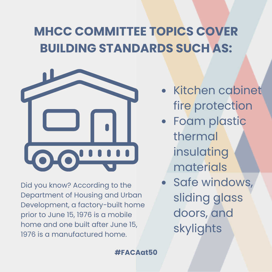 graphic titled "MHCC Committee topics cover building standards such as:" with the text " Kitchen cabinet fire protection