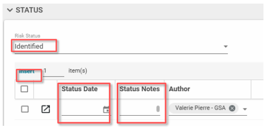 Screenshot of the Status Notes with risk status dates and highlighted